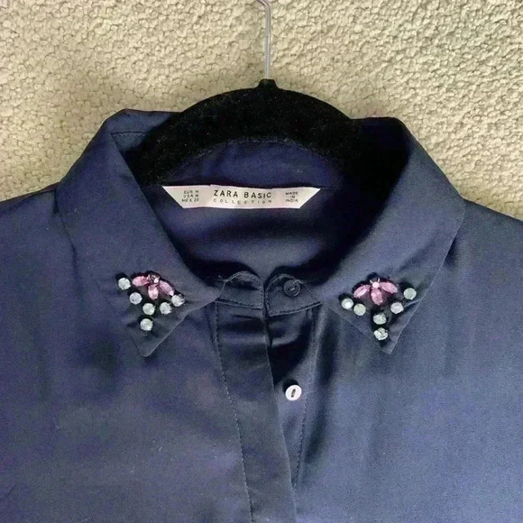 Zara Navy Long sleeve Shirt with rhinestones on collar and cuffs - Picture 2 of 5